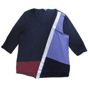 Ulla Popken 12/14 Colorblock Metallic 3/4 Sleeve Classic Fit Knit Top Navy Vneck